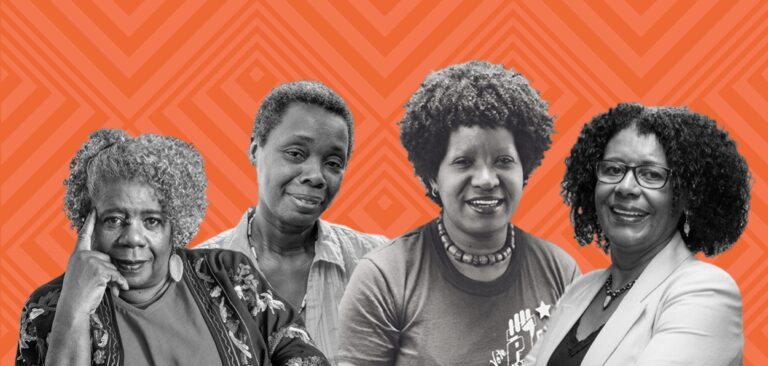 na foto temos um fundo laranja com escritoras negras : Conceição Evaristo, Teresa Cárdenas, Leila Gonzales e Cida Bento