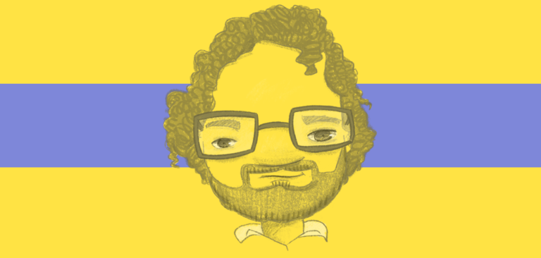 A imagem mostra uma ilustração de um rosto estilizado. O rosto tem um contorno suave, com o tom de pele em amarelo, dando um efeito gráfico simplificado. Os cabelos são cacheados e volumosos, em tons de amarelo escuro, e a pessoa usa óculos grandes e quadrados. A barba e o bigode são bem definidos, também em tons de amarelo escuro. Ao fundo, há uma faixa horizontal larga de cor roxa sobre um fundo amarelo, criando um contraste visual vibrante. O estilo da arte é minimalista, com um toque de caricatura, destacando as principais características faciais da pessoa. ( Rodo é de Thierry Marcondes auto do texto AUTONOMIA E ACESSIBILIDADE )
