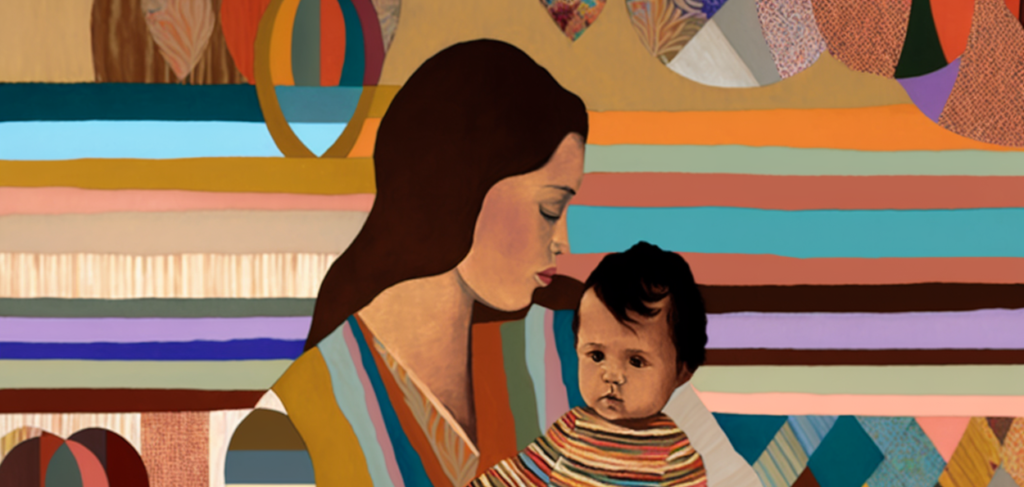 A imagem parece ser uma ilustração estilizada de uma mulher e um bebê. A mulher tem pele clara e cabelos escuros, e está vestindo uma roupa colorida com listras verticais em tons de azul, verde, laranja e outras cores. Ela está segurando um bebê, que também tem pele clara e cabelos escuros, e está vestido com uma roupa listrada colorida. O fundo da imagem é composto por várias faixas de cores e padrões geométricos que adicionam um elemento artístico ao desenho. As cores do fundo variam entre tons de azul, laranja, amarelo, roxo, e outras cores vibrantes. Alguns círculos e formas geométricas também estão presentes no fundo, contribuindo para o visual dinâmico e colorido da imagem. A expressão da mulher é serena, olhando para baixo em direção ao bebê, transmitindo um sentimento de carinho e proteção. O bebê olha diretamente para frente, com uma expressão neutra. A composição da imagem é harmoniosa e utiliza uma paleta de cores rica e variada, criando uma sensação acolhedora e afetuosa.