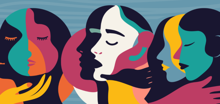 Capa Empatia é: A imagem é uma ilustração abstrata que apresenta quatro figuras humanas estilizadas, todas de perfil, em poses que sugerem empatia e conexão emocional. As figuras são representadas com cores vivas e contrastantes, como laranja, amarelo, verde, azul, rosa e roxo. À esquerda, há uma figura de perfil com os olhos fechados, metade do rosto em verde e a outra metade em rosa, com um braço e mão amarelos estendidos para tocar delicadamente o rosto de outra figura. Ao centro, há duas figuras sobrepostas. A primeira tem o rosto em branco e azul, com olhos fechados e uma expressão serena, enquanto a segunda figura, ligeiramente atrás, é inteiramente em rosa com contornos em preto, também com os olhos fechados e um semblante calmo. A mão da figura em branco parece tocar o rosto da figura rosa, sugerindo um gesto de cuidado. À direita, duas figuras de perfil estão próximas uma da outra. Uma delas é predominantemente azul com detalhes em amarelo, enquanto a outra é verde com contornos pretos. Ambas têm os olhos fechados e estão em uma pose que sugere um abraço ou um toque reconfortante. O fundo é composto por linhas onduladas em tons de azul, criando uma sensação de fluidez e harmonia. A combinação de cores vivas e a composição das figuras transmite uma mensagem de empatia, conexão e apoio mútuo.