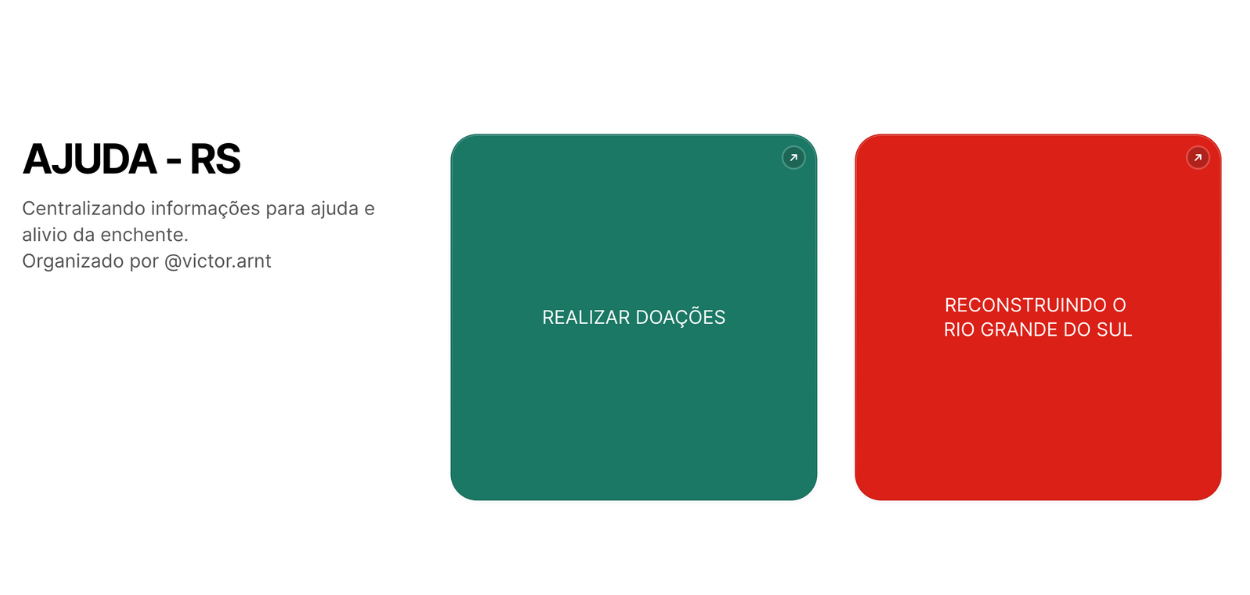 A imagem mostra uma interface simples e direta destinada a organizar informações para ajuda e alívio da enchente no Rio Grande do Sul. O layout é dividido em duas seções principais. Seção Esquerda: No canto superior esquerdo, há o título em letras grandes e em negrito: "AJUDA - RS". Logo abaixo, em letras menores, está o texto: "Centralizando informações para ajuda e alívio da enchente. Organizado por @victor.arnt". Seção Direita: Há dois grandes botões coloridos, alinhados horizontalmente, cada um com uma cor de fundo diferente: Botão Verde à Esquerda: Texto centralizado em branco: "REALIZAR DOAÇÕES". No canto superior direito do botão, há um ícone de seta apontando para cima e para a direita, indicando que o botão leva a um link ou outra página. Botão Vermelho à Direita: Texto centralizado em branco: "RECONSTRUINDO O RIO GRANDE DO SUL". No canto superior direito do botão, há um ícone de seta similar ao do botão verde, também indicando um link ou outra página. O design é minimalista e funcional, focando na clareza e na facilidade de navegação para os usuários que buscam informações sobre como ajudar ou contribuir para a reconstrução após a enchente.