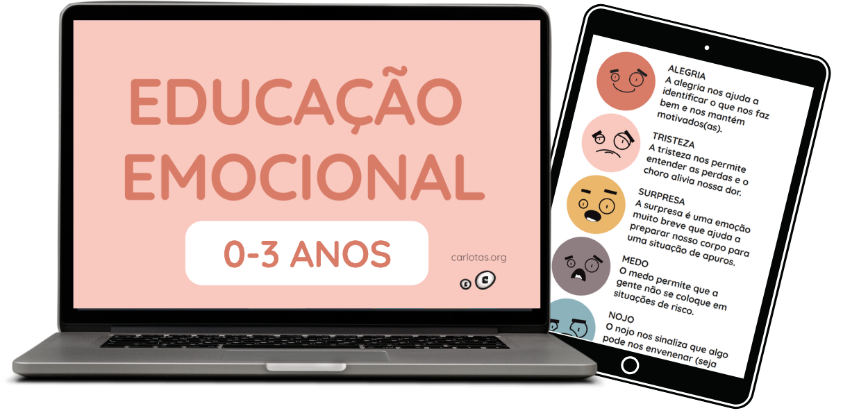 A imagem mostra um laptop e um tablet lado a lado, ambos exibindo conteúdos relacionados à educação emocional para crianças de 0 a 3 anos. Na tela do laptop, que está aberta, há um fundo rosa claro com o texto "EDUCAÇÃO EMOCIONAL" em letras grandes e "0-3 ANOS" em letras menores dentro de um retângulo branco. No canto inferior direito, há o site "carlotas.org" e dois pequenos logotipos circulares em preto e branco. Na tela do tablet, que está inclinado para a direita, há uma lista vertical de emoções representadas por rostos simples e coloridos, cada um com uma expressão diferente. A lista inclui: ALEGRIA (representada por um rosto sorridente laranja): "A alegria nos ajuda a identificar o que nos faz bem e nos mantém motivados(as)." TRISTEZA (representada por um rosto triste rosa): "A tristeza nos permite entender as perdas e o choro alivia nossa dor." SURPRESA (representada por um rosto surpreso amarelo): "A surpresa é uma emoção muito breve que ajuda a preparar nosso corpo para uma situação de apuros." MEDO (representada por um rosto assustado cinza): "O medo permite que a gente não se coloque em situações de risco." NOJO (representada por um rosto enojado azul): "O nojo nos sinaliza que algo pode nos envenenar (seja" A imagem destaca a importância da educação emocional desde cedo, mostrando que diferentes dispositivos podem ser utilizados para ensinar essas habilidades às crianças. 