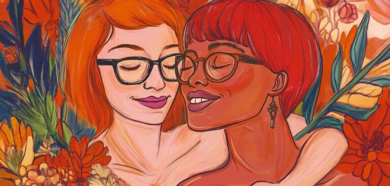 A imagem é uma ilustração vibrante e colorida de duas mulheres abraçadas, com um fundo cheio de flores estilizadas em tons quentes, como laranja, vermelho e amarelo. Ambas as mulheres estão sorrindo com os olhos fechados, transmitindo uma sensação de paz e carinho. A mulher à esquerda tem pele clara, cabelo laranja curto e usa óculos de armação preta. Ela tem um leve sorriso nos lábios, que estão pintados de rosa. A mulher à direita tem pele de tom mais escuro, cabelo vermelho curto e também usa óculos de armação preta. Ela exibe um sorriso maior e está usando um brinco pendente. A imagem é cheia de detalhes florais ao redor delas, sugerindo um ambiente de amor e harmonia.