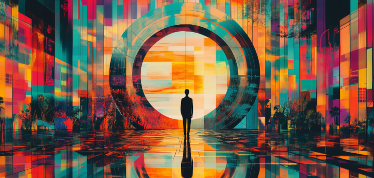 silhueta de uma pessoa olhando para o que parece um portal, na imagem ve-se todas as cores, é muito colorida,